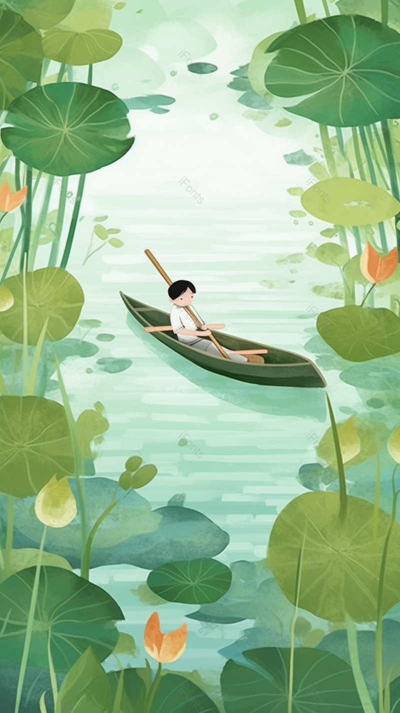 绿色的荷叶荷花盛开在清澈的湖水里和一位划船的人,插画/手绘图,插画/手绘图库,插画/手绘图下载,插画/手绘